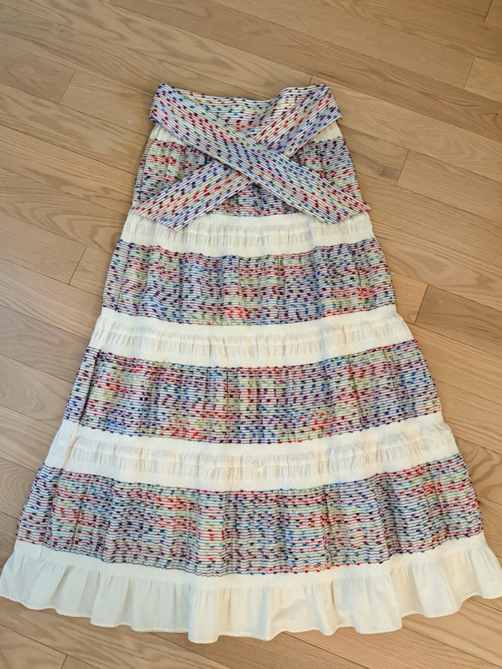 ZARA Multicolor Jewel Tone Embroidered Smocked Maxi Skirt White Tie Waist S